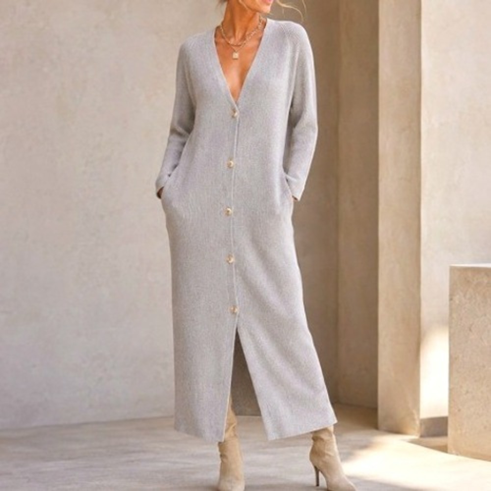 VTG 90s Emanuel Ungaro Taupe Gray Rib Knit Maxi Cardigan Duster Designer Dress L